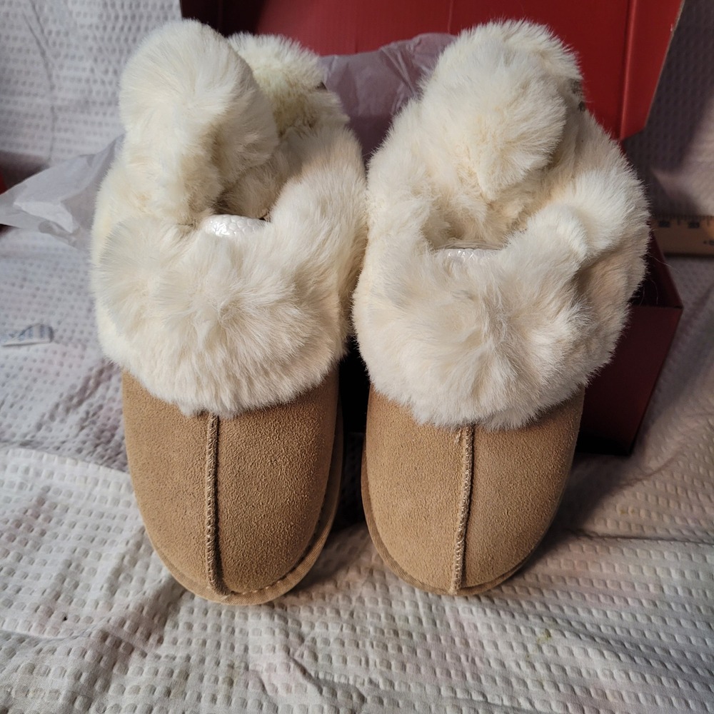 Suede Leather Platform Slippers Faux Fur Trim Tan Cream Womens 8 EU 39